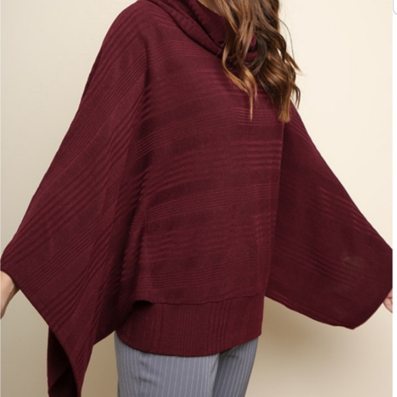 Burgundy Ribbed Sweater w/ Kimono Sleeves/Cowlneck - Picture 3 of 5
